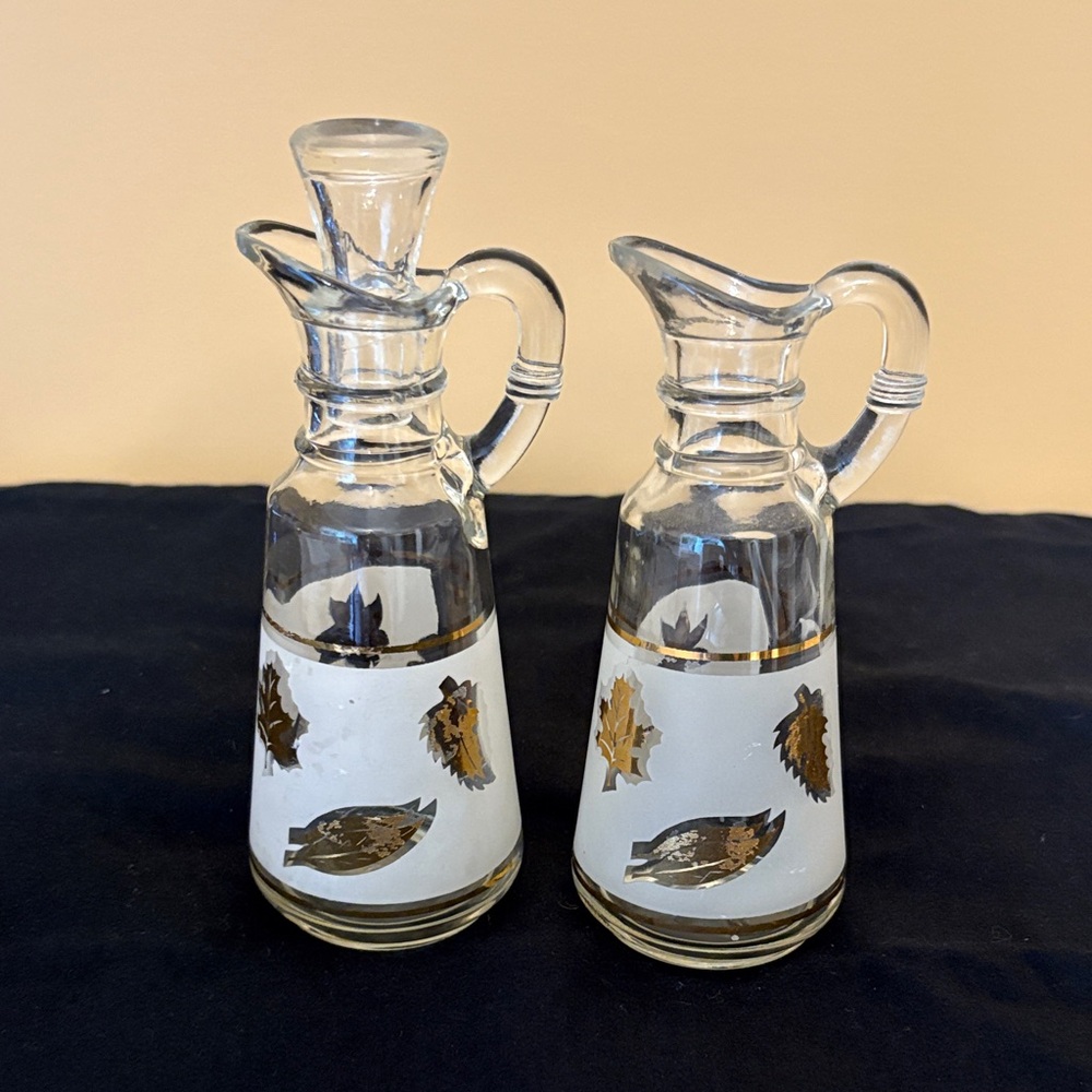 Anchor Hocking Vintage Glass Oil and Vinegar  Decanters with Gold Leaf Design